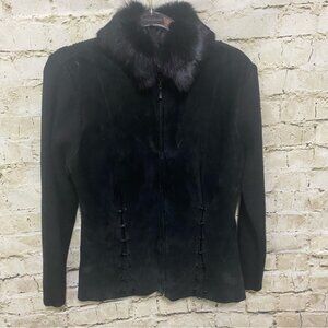 Vintage Rochelle Black Leather Faux Fur Collar Wool Blend Jacket